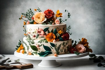 A birthday cake adorned with edible botanical illustrations, featuring lush flowers, leaves, and vines