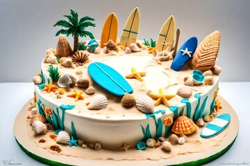 A tropical paradise-themed birthday cake with edible seashells, surfboards, and a sandy beach scene