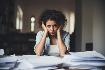 Deadline Dilemma: Image of a Stressed Young Woman at a Desk Overflowing with Documents - obrazy, fototapety, plakaty