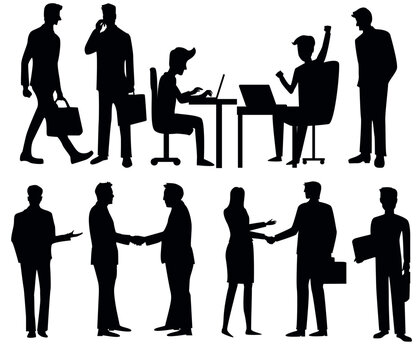 Business people silhouettes working, talking, standing, and walking on isolated white background. 