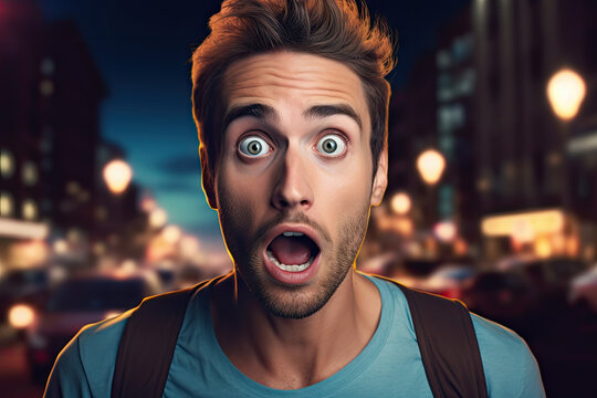 Surprised man looking at camera on night city background