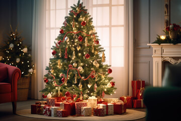 Fototapeta na wymiar Christmas living room with a Christmas tree, gifts and a red sofa
