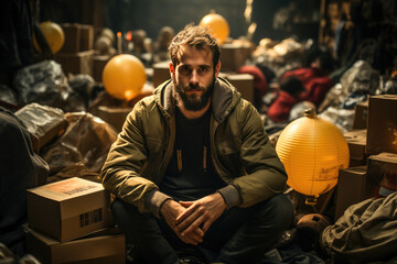 Young bearded man sitting thoughtfully in a cluttered warehouse with yellow paper lanterns and boxes around him. - Powered by Adobe