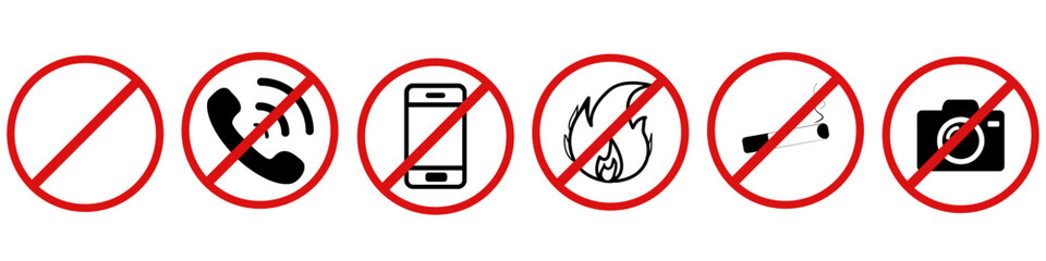 Vector bans. Icons for banning phone, cigarettes, camera fire. Cute set of ban icons. Vector icons are not allowed. Symbol not allowed vector.