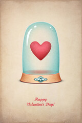 Vintage greeting card with heart symbol in  cloche for Valentine's Day. 