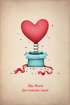 Vintage greeting card with heart symbol in box with spring for Valentine's Day. 
