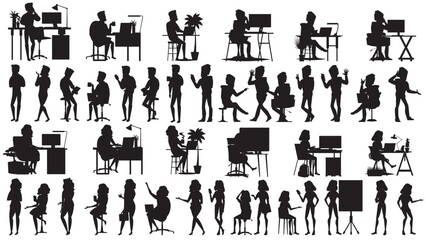 Silhouette of Vector set of business people sitting, working, talking, standing and chatting. Business silhouettes isolated on white background