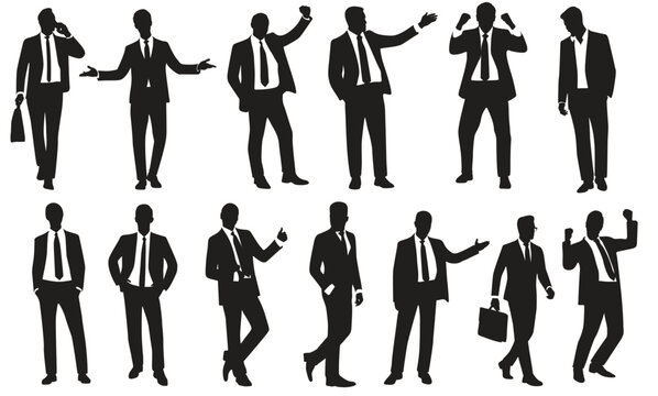 Silhouettes of Businessman character in different poses. Man standing, walking, jumping, pointing, with briefcase, front, back, side view. Vector black monochrome illustrations on white background.