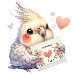 A cockatiel holding a valentine card transparent background
