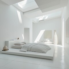 Spacious minimalist bedroom interior with white bed and decor under natural light from sky windows
