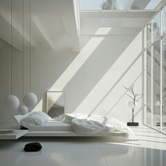 Modern minimalist white bedroom basking in natural sunlight with artistic decor and clean lines