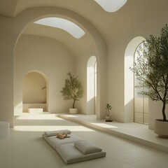 Modern minimalist interior space with elegant arches, soft lighting, and sparse decoration with natural elements