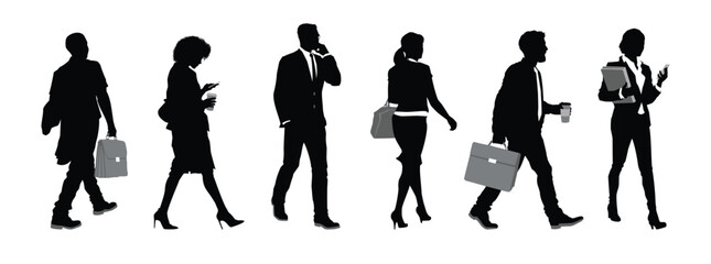 Silhouette of business people working, talking, standing, and walking on isolated white background. 