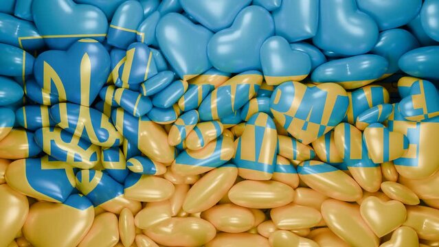 3d animation of falling hearts in yellow and blue color. The idea of love, loyalty and freedom.