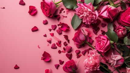 Beautiful spread of pink roses and scattered petals against a monochromatic pink background