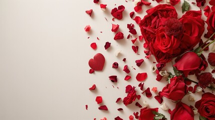 Array of red flowers and petals creating a romantic and vibrant composition on an off-white background