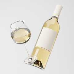 Falling bottle with blank label and glass of white wine isolated over white background. Mockup template. 3d rendering.