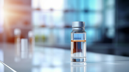 Close up of medical glass vial with aluminium seal, on laboratory table, new vaccine concept