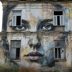 Striking street art showcasing a large mural of a woman's face on an old building, with visible decay