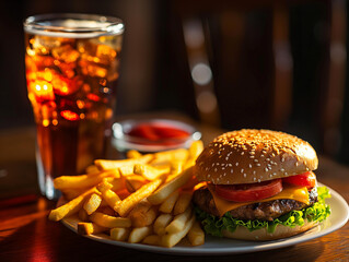 cuisine shot of hamburger set with hamburger frech fried and soft drink
