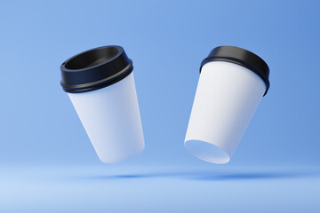 Two falling blank coffee cups with a black plastic lids isolated over blue background. Mockup template. 3d rendering.
