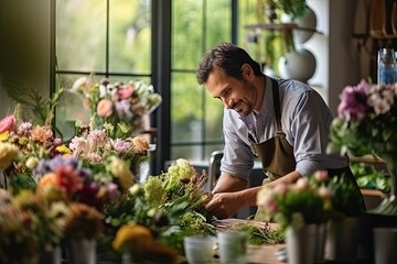 Male Florist in Flower Shop, Floral Design Studio, Man Making Bouquet, Generative AI Illustration