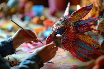 A captivating photo of Purim mask creation, where hands skillfully shape colorful materials, highlighting the holiday's creative essence and cultural heritage