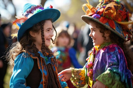 Children donning bright Purim outfits come together in a sunny park, sharing mishloach manot and embodying the festival's joy through their beaming smiles