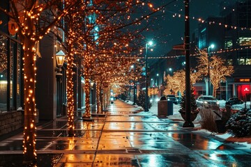 Evening descends on a festive urban street adorned with seasonal lights and snow.