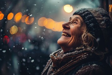 A joyful elderly woman, her face glowing with happiness, enjoys the winter snowfall in the park.