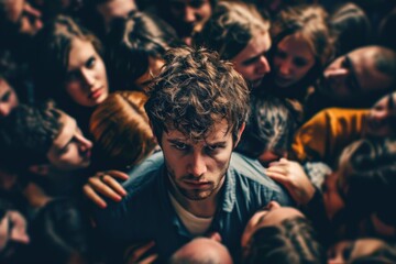 Isolated man in a sea of people, illustrating the cancel culture phenomenon and exclusion from society - obrazy, fototapety, plakaty