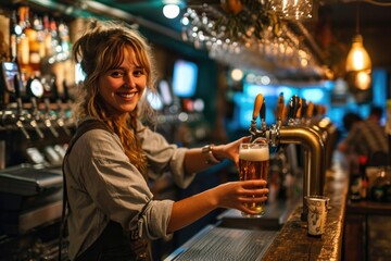 Description: A cheerful young bartender behind the counter at a bustling pub, pouring a pint of lager beer with a smiling face
