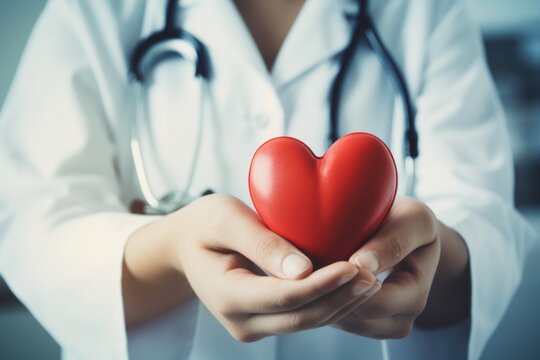 Illustrate compassion in cardiology through an image of a doctor's hand cradling a heart mockup, showcasing the caring gestures integral to heart health