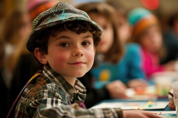 Young artists fully immersed in a Purim-themed arts and crafts class, their creations reflecting the spirit of the holiday