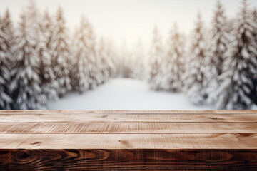 Empty wooden table with winter landscape with snow and christmas trees