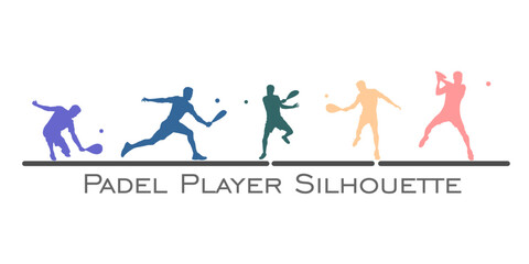 set vector colorful Padel tennis player silhouette isolated background