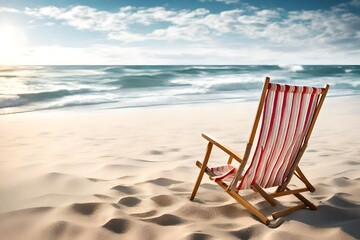 Empty beach chair with striped towel on beach
