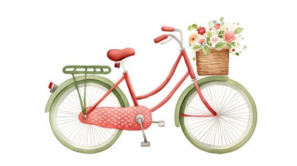 Fototapeta na wymiar Cute bicycle with flowers watercolor illustration in minimal style. Funny transport Transport in the style of a children's drawing