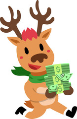 Cartoon happy christmas reindeer with money for design.