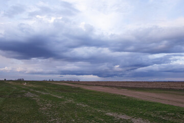 A vast field under a cloudy sky at dusk.