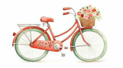 Fototapeta na wymiar Cute bicycle with flowers watercolor illustration in minimal style. Funny transport Transport in the style of a children's drawing