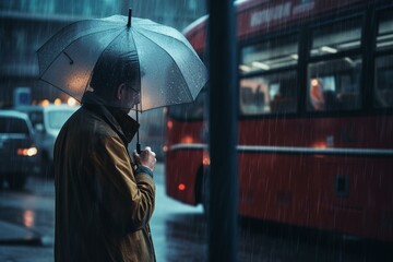 A commuter stands with an umbrella at a rainy bus stop. Generative AI