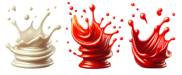 Set of red and white drops and splashes of ketchup or sauce - obrazy, fototapety, plakaty