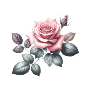 beautiful pink rose flower with leaves watercolor paint for card decor