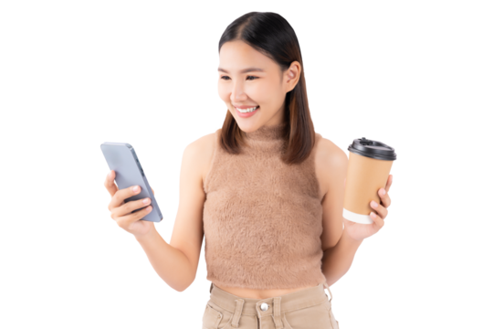 Happy Young Asian woman using smartphone and hold takeaway coffee cup isolated on brown background and copy space Smart phone for online shopping