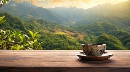 Tea cup with on the wooden table and the tea plantation on blurred background - obrazy, fototapety, plakaty