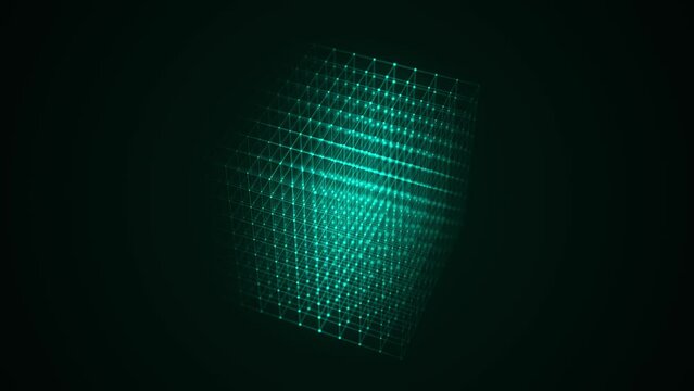 Abstract green sci-fi cube with particle and line with digital indicators. Technology network connection on world. Global digital connections ai. Wireframe cube. Blockchain encryption. 3D rendering.