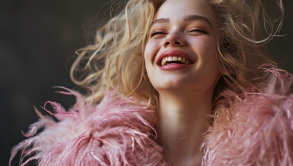 Gleeful blonde young woman in pink fur, epitomizing fashion and exuberant joy, perfect for lifestyle brands.