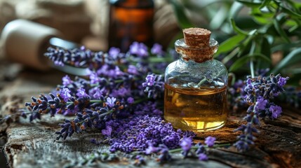 A Beautiful Bottle of Lavender Oil Next to a Fresh Bunch of Lavender Flowers