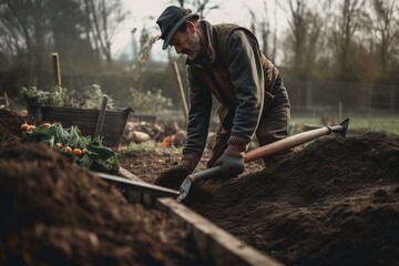 Farmer put a compost to soil at vegetable garden. Generative AI